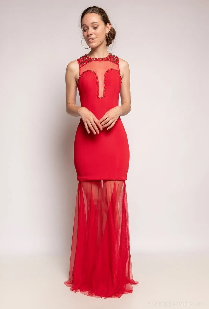 robe de soirée longue femme avec tulle et clous, robe cocktail chic et classe couleur rouge