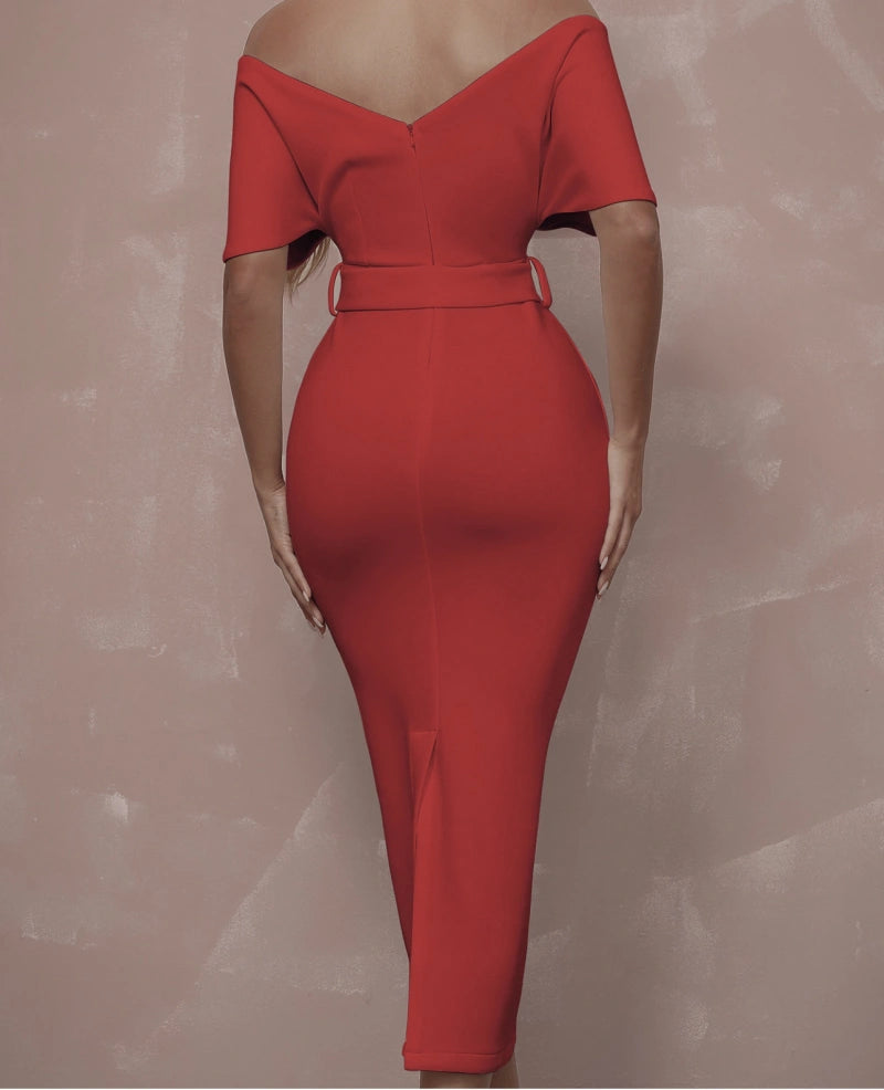 robe de soirée chic femme , robe cocktail élégante bandeau moulante mi longue col V