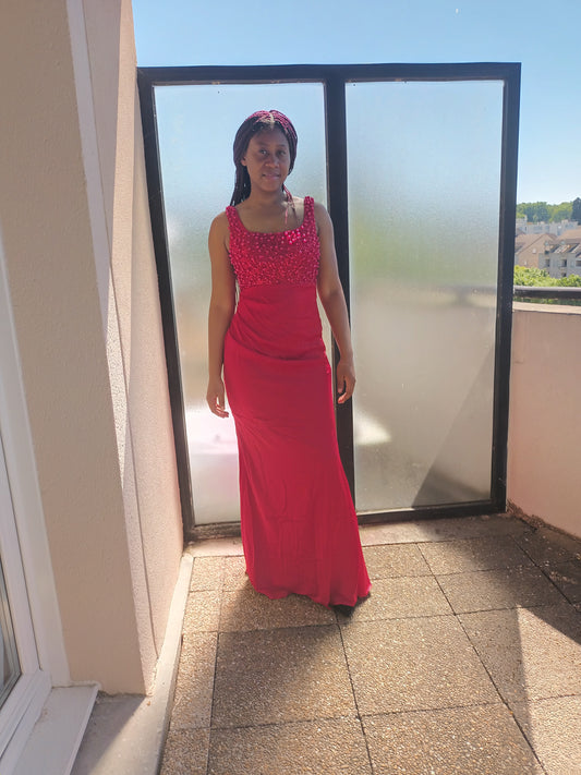 Robe de soirée femme  , robe de mariage longue et élégante sans manche haut pailleté fente de coté