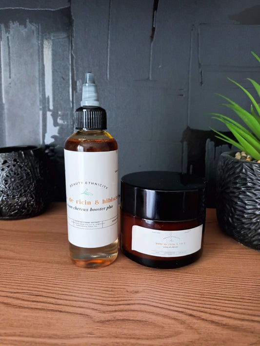 duo parfait pour l'extrême pousse de vos cheveux ; le sérum plus crème capillaire à base l'huile de ricin et romarin et vit E