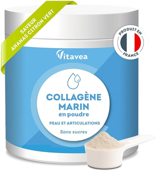 Collagène Marin Poudre 10 000mg - Peptides de Collagène Marin Hydrolysés Type 1 - Avec Vitamine C - Articulations, Peau, Anti-âge - Collagène Poudre Goût Ananas-Citron Vert - Sans sucre