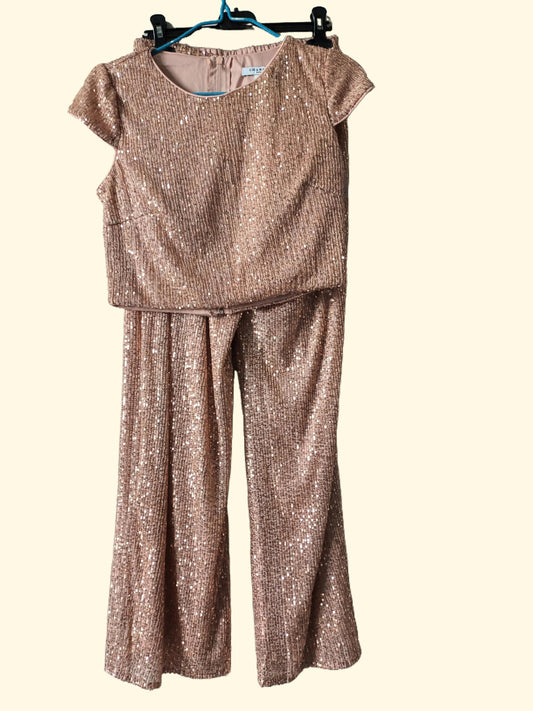 Marque Ensemble Paillette Pantalon et Top Femme pour Soirée Cérémonie Style Sequin Rose Taille S & L Fermeture Dos Haut Élastique Pantalon Évasé