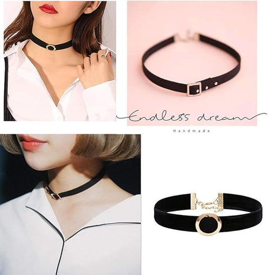 collier ras de cou avec anneau central doré  daim noir pour femme