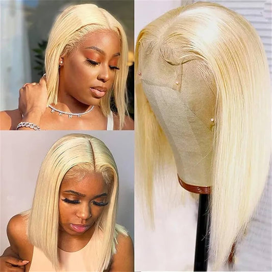 Brazilian Blonde Bob Closure Human Hair Wig, Color 1b, 12 Inches