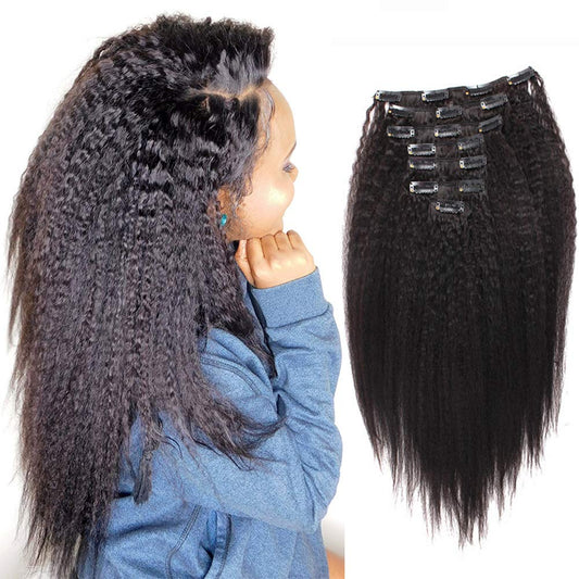 extensions à clips de type  kinky straight style afro, mèches lisses avec clips cheveux 100% naturels