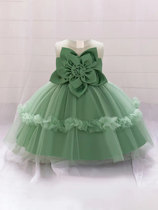 smaragdgrünes Tutu-Kleid für Mädchen im Prinzessinnenstil mit floraler Netzauflage, knielang, Tüllrock