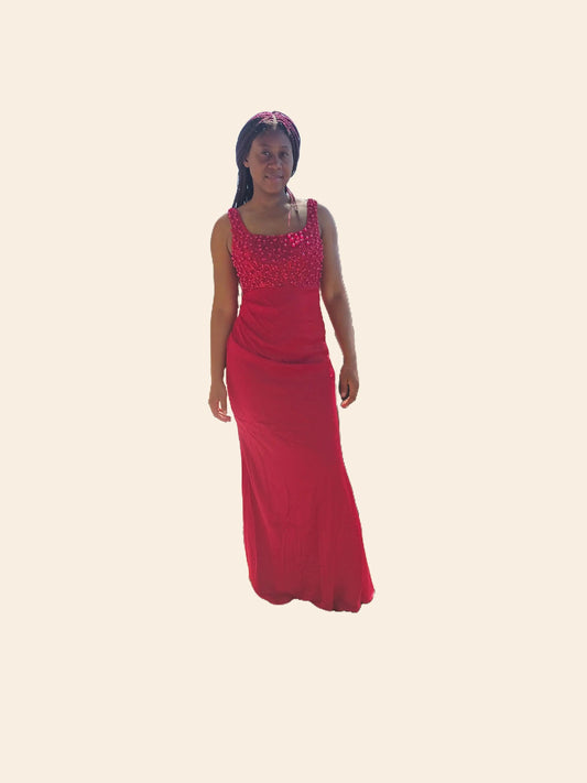 Robe de soirée femme rouge élégante sans manche haut pailleté fente latérale en polyester et perles pour mariage ou fête