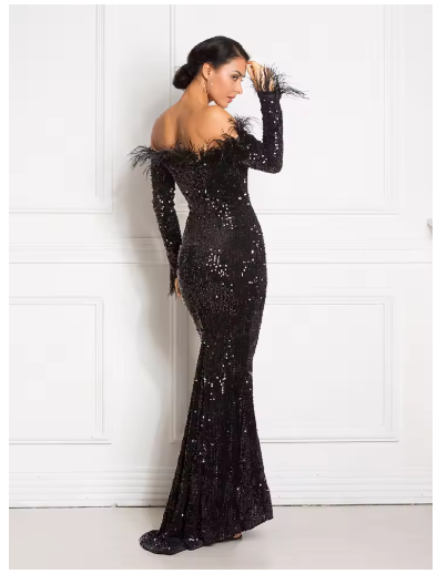 elegantes Abendkleid, schulterfrei, Federn; schwarze Pailletten, Hochzeitskleid für Frauen