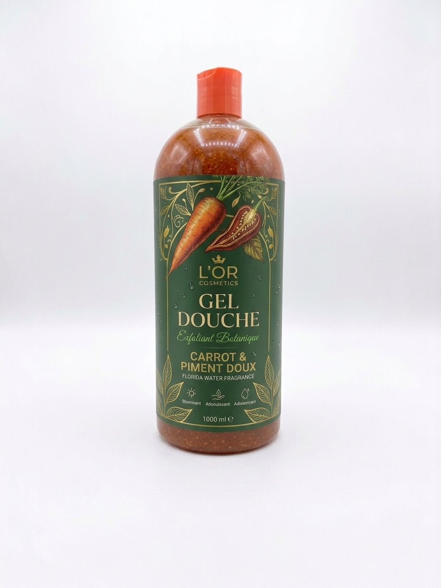 gel douche exfoliant à la carotte pour nettoyer, adoucir et illuminer la peau en profondeur