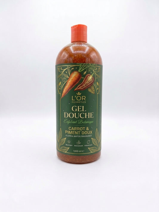 gel douche exfoliant à la carotte pour nettoyer, adoucir et illuminer la peau en profondeur