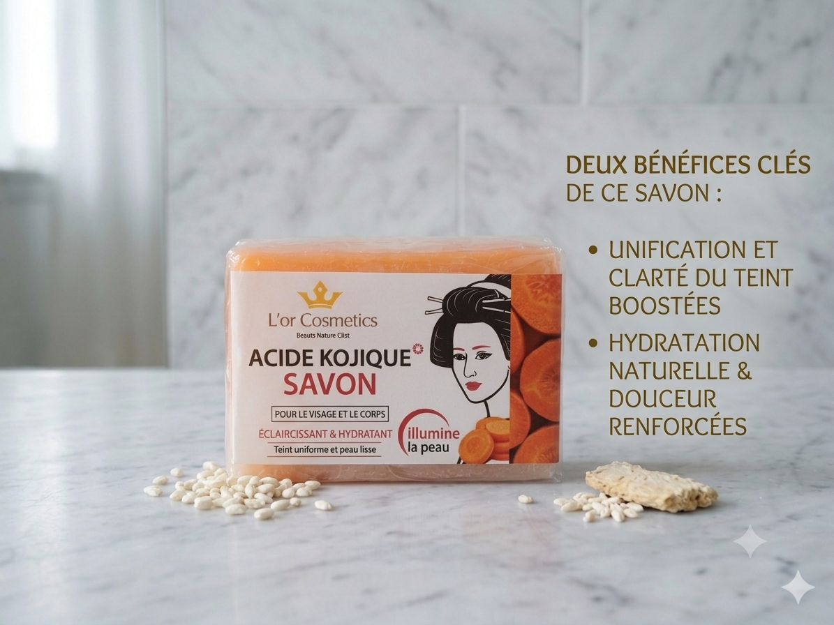 Savon à l'acide kojique, savon corporel artisanal nettoyant en profondeur, resserre les pores, illumine le teint et hydrate la peau. Savon essentiel nettoyant