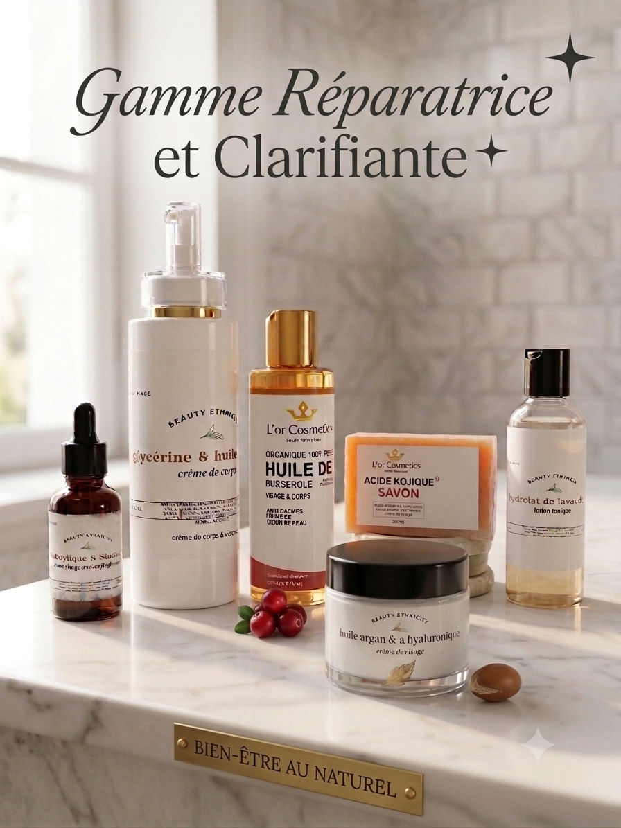 gamme réparatrice visage et corps à la carotte , argan, acide hyaluronique pour hydrater et clarifier le teint