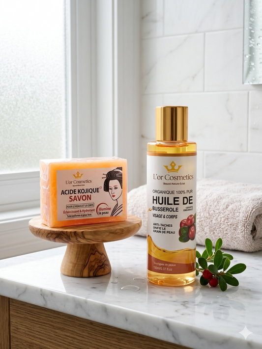 savon à l'acide kojique et huile de busserole pour une peau lumineuse , hydrater et uniforme