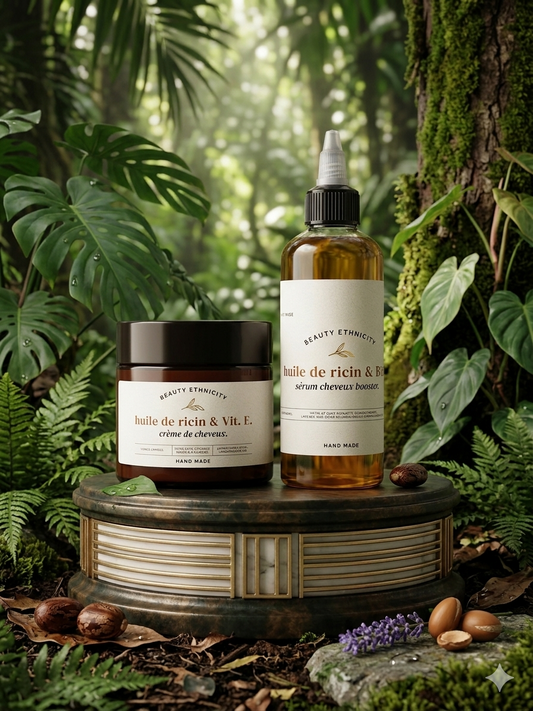 duo parfait pour l'extrême pousse de vos cheveux ; le sérum plus crème capillaire à base l'huile de ricin et romarin et vit E