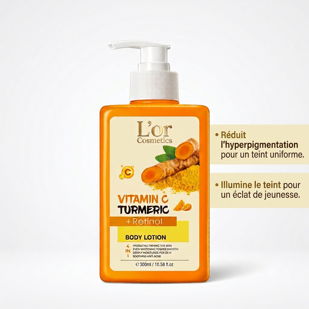 Lotion pour le corps à la vitamine C Turmeric - 300 ml - Lotion hydratante pour le corps - Lait pour un teint lumineux - Rétinol - Pour peau mate et irrégulière - Lotion corporelle au curcuma