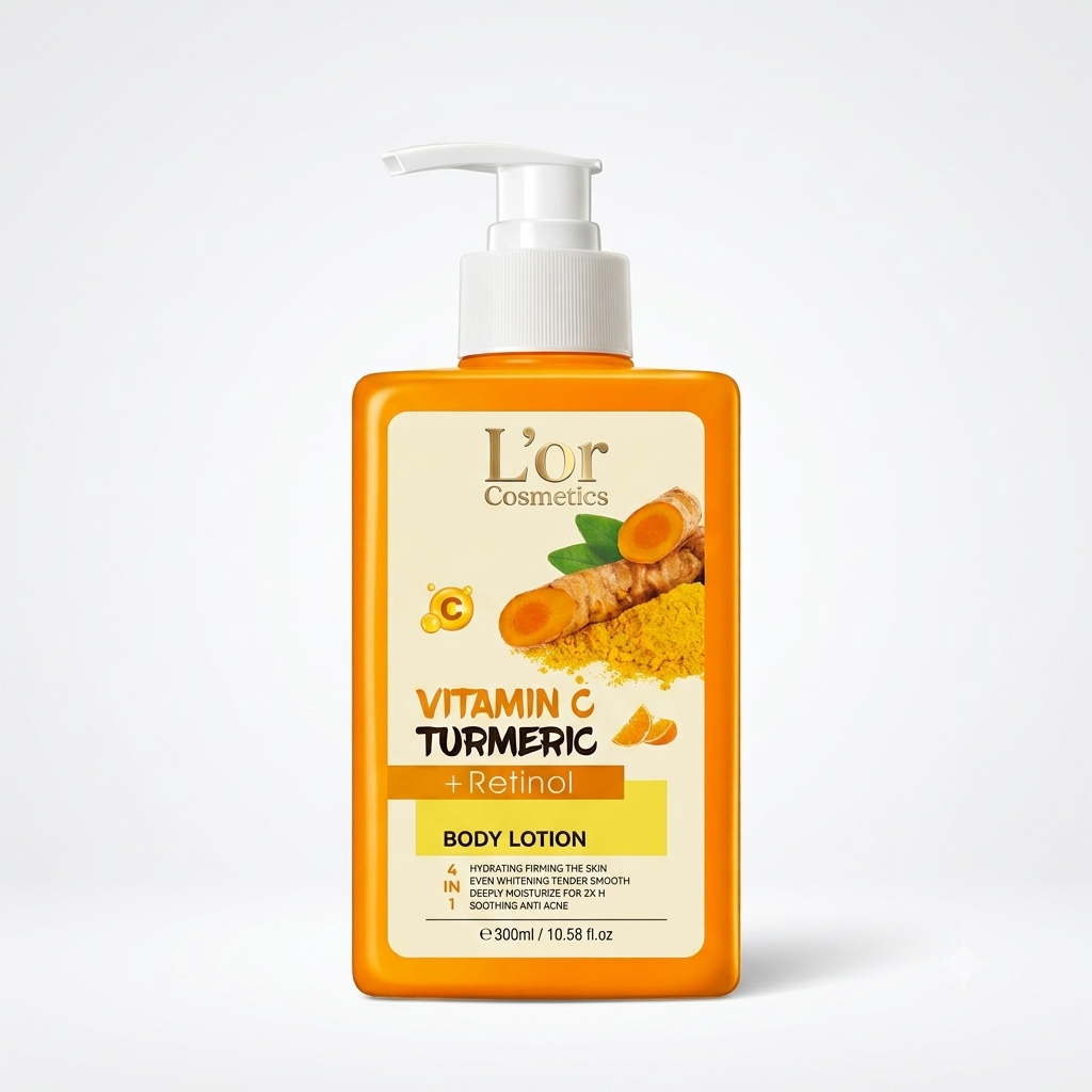 Lotion pour le corps à la vitamine C Turmeric - 300 ml - Lotion hydratante pour le corps - Lait pour un teint lumineux - Rétinol - Pour peau mate et irrégulière - Lotion corporelle au curcuma