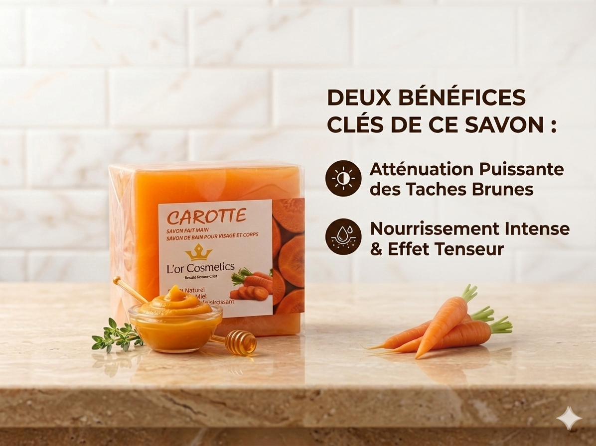 Savon à la carotte , savon  nettoyant et illuminateur Organique à Base de carotte et miel Sans Parfum Sans Sulfate