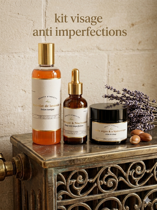 kit visage anti imperfection lotion tonique à l'hydrolat de lavande , sérum anti-imperfections et crème visage à l'huile d'argan
