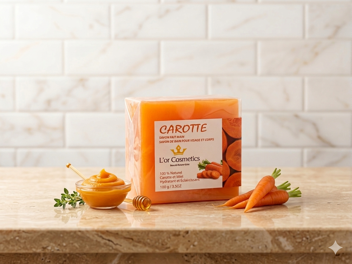 Savon à la carotte , savon  nettoyant et illuminateur Organique à Base de carotte et miel Sans Parfum Sans Sulfate