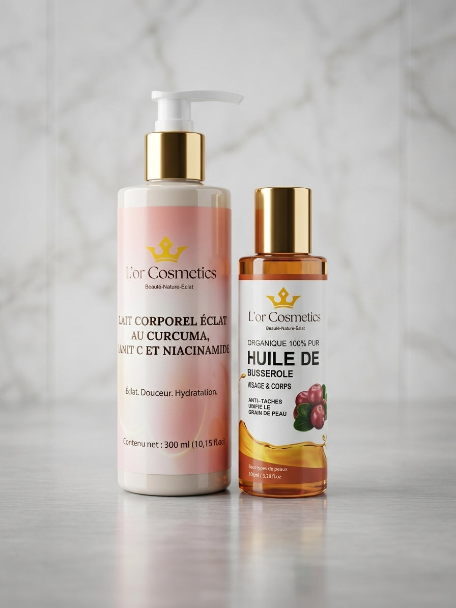 duo crème de corps au curcuma et vitamine C et huile de busserole anti taches , peau hydrater