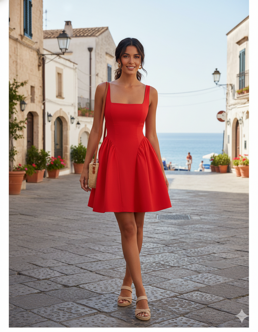 robe cocktail mi longue femme , anniversaire vintage avec dos ouvert col carré taille haute et évasée