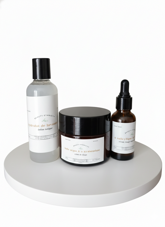 kit visage anti imperfection lotion tonique à l'hydrolat de lavande , sérum à la niacinamide et crème visage à l'huile d'argan
