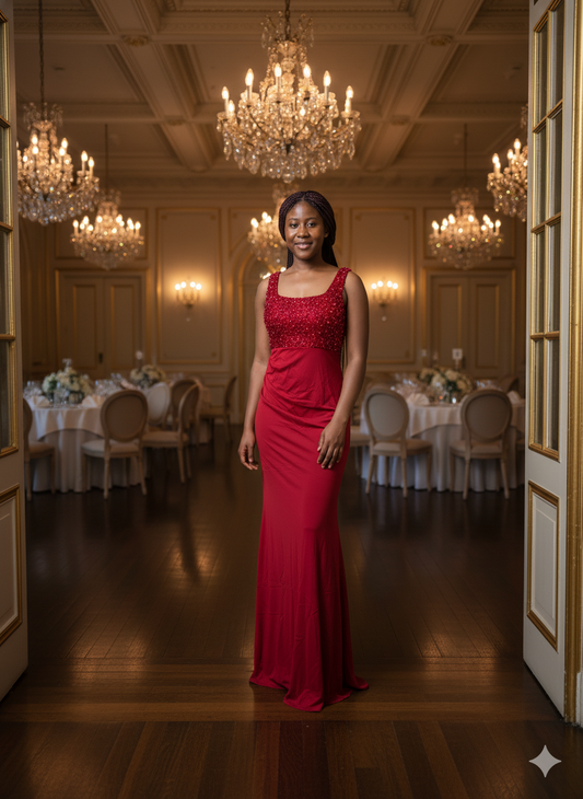 Robe de soirée femme rouge élégante sans manche haut pailleté fente latérale en polyester et perles pour mariage ou fête