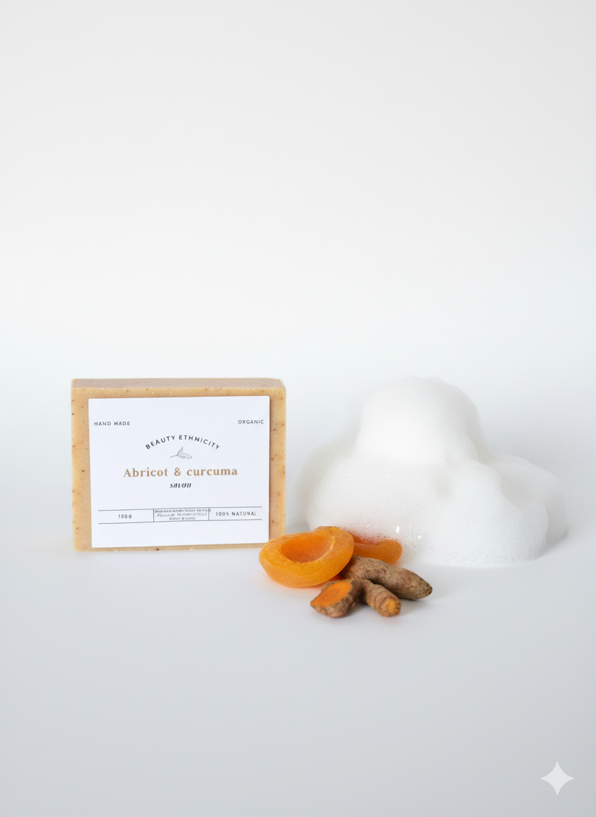 Marque Savon Nettoyant & Exfoliant 100% Organique à Base de Poudre d'abricot Curcuma et Huile d'Olive Sans Parfum Sans Sulfate 120g