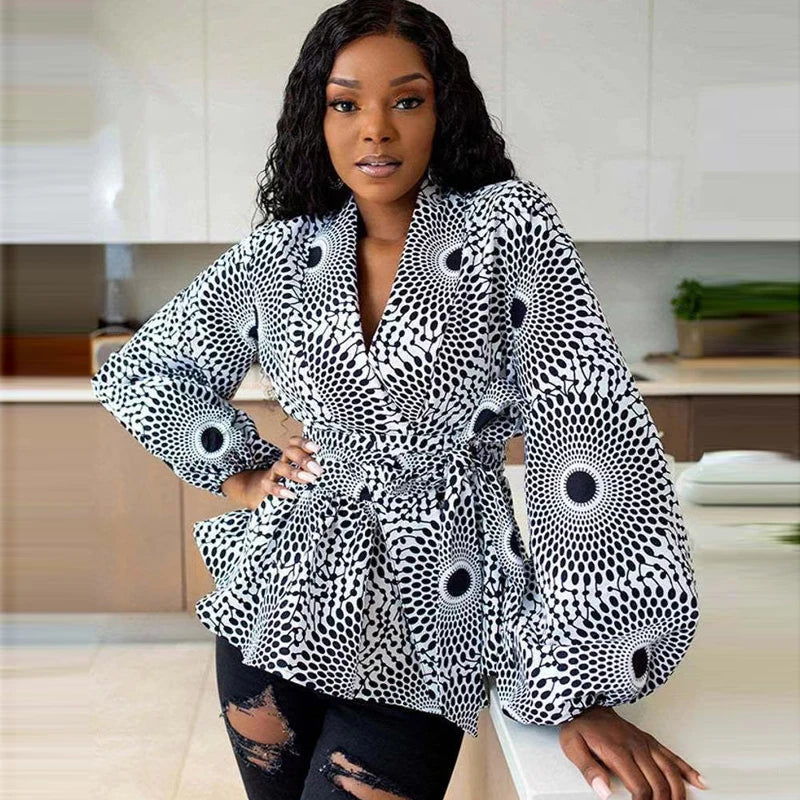 Vêtements africains pour femmes, été, femmes africaines, col en V, polyester, imprimé, t-shirt à manches longues, haut pour femmes, vêtements africains