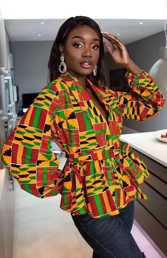 Vêtements africains pour femmes, été, femmes africaines, col en V, polyester, imprimé, t-shirt à manches longues, haut pour femmes, vêtements africains