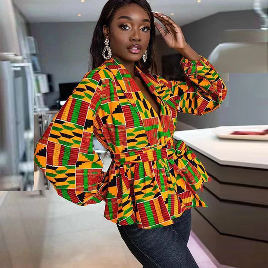 Vêtements africains pour femmes, été, femmes africaines, col en V, polyester, imprimé, t-shirt à manches longues, haut pour femmes, vêtements africains