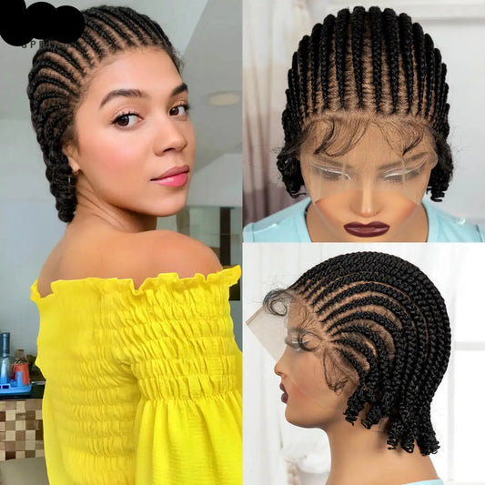 Perruques courtes tressées au carré, perruque synthétique en dentelle complète tressée avec cheveux de bébé, perruques tressées faites à la main sans nœuds pour femmes noires