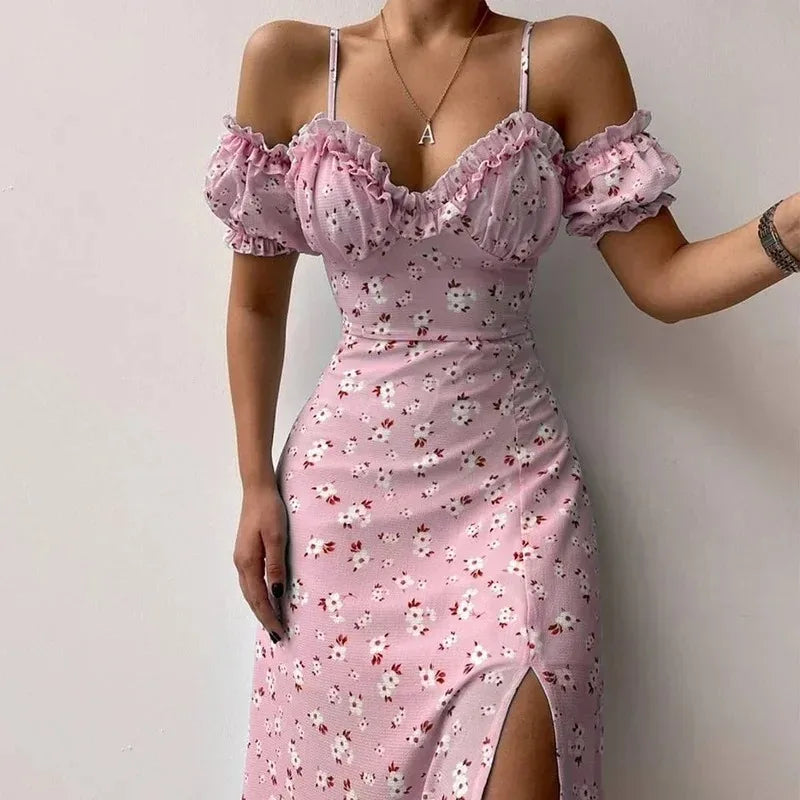 Ruffle Floral Party Sexy Dress Women Summer Elegant Sling Off Shoulder Dresses Female V Neck  Slim Maxi Printed Dress Robe 21764