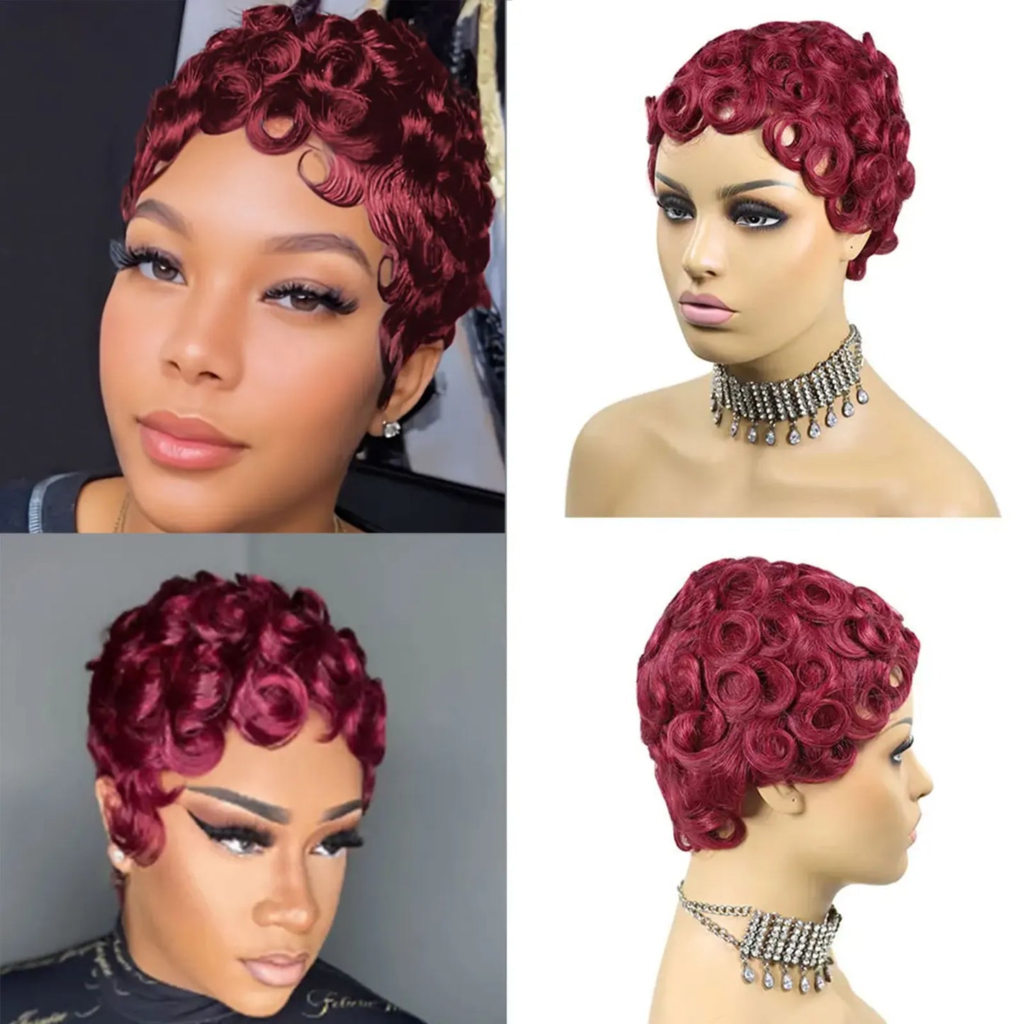 Perruque courte bouclée style pixie #1B pour femme, perruque bouclée noire naturelle en cheveux humains Remy péruviens, coupe bob, entièrement confectionnée à la machine, densité 180 %