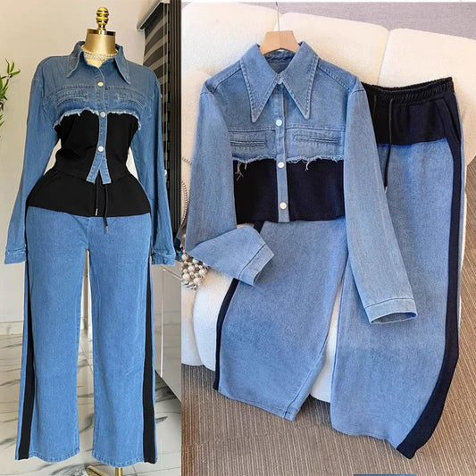 Ensemble deux pièces pour femme, pantalon en jean, ensemble assorti, haut de printemps, jambe large, pantalon long, décontracté, ample, à lacets, taille haute, jogging