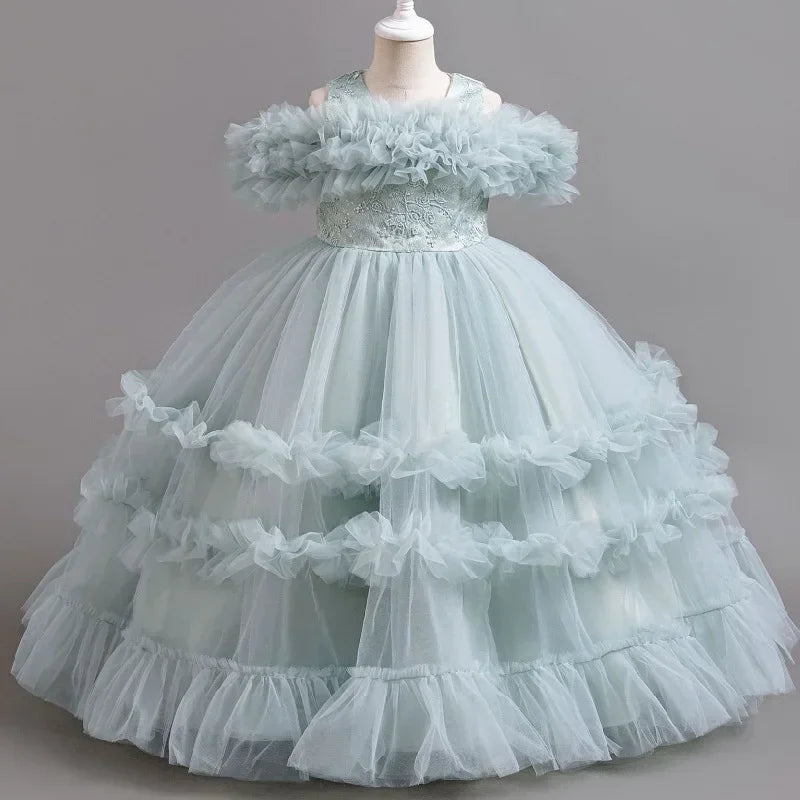 Robe de mariée robe de demoiselle d'honneur pour fille de fleur, robe de soirée à la mode, en dentelle et maille, vêtements élégants pour filles de 4 à 12 ans, couleur bleue