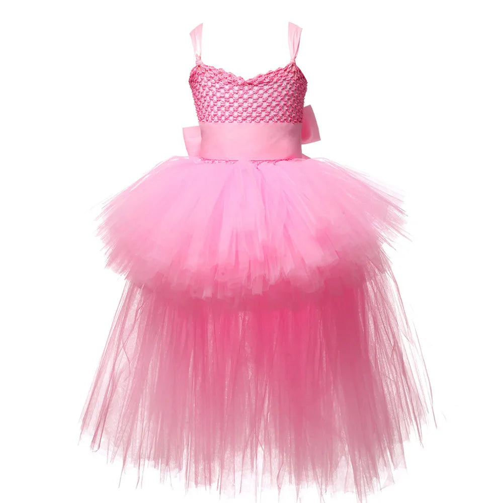 Girls Pink Black Tutu Dress V-neck Train Girl Evening Birthday Party Tulle Dresses Girl Ball Gown Dress Kids Halloween Costumes