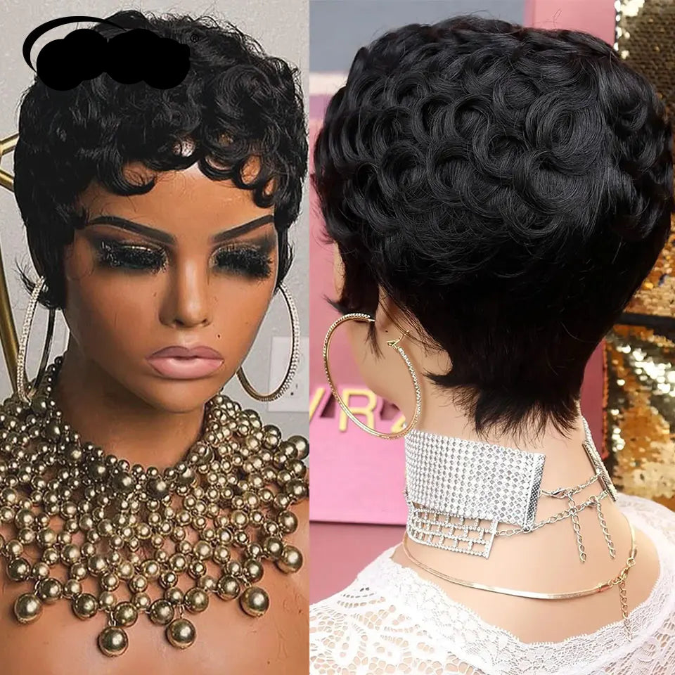 Perruque courte bouclée style pixie #1B pour femme, perruque bouclée noire naturelle en cheveux humains Remy péruviens, coupe bob, entièrement confectionnée à la machine, densité 180 %