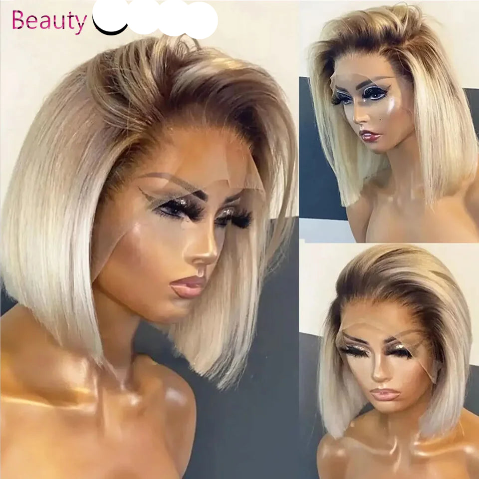 Perruque courte blonde ombrée, coupe au carré, avec lace front en cheveux humains, pour femme, lisse, densité 180%, racines foncées, sans colle, lace front