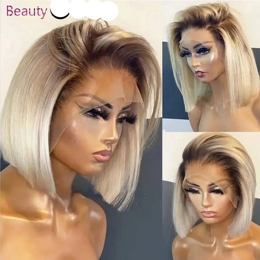 Perruque courte blonde ombrée, coupe au carré, avec lace front en cheveux humains, pour femme, lisse, densité 180%, racines foncées, sans colle, lace front