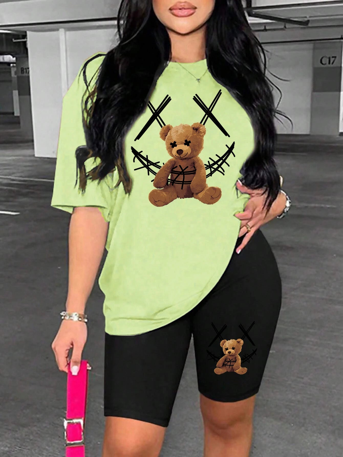 Smiling Face Plush Bear Pattern Print Womens Short Sleeved Shorts Set Soft Trendy Two Piece Set Basics Versatile Shorts Sets