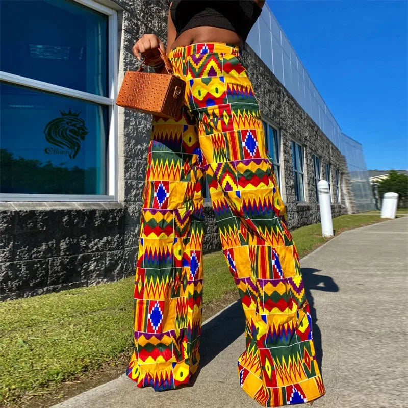 Pantalon large style bohème pour femme, taille élastique, imprimé Dashiki, style africain, décontracté, long, collection printemps-automne