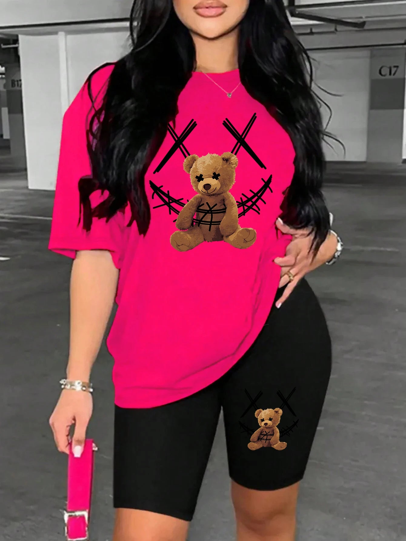 Smiling Face Plush Bear Pattern Print Womens Short Sleeved Shorts Set Soft Trendy Two Piece Set Basics Versatile Shorts Sets