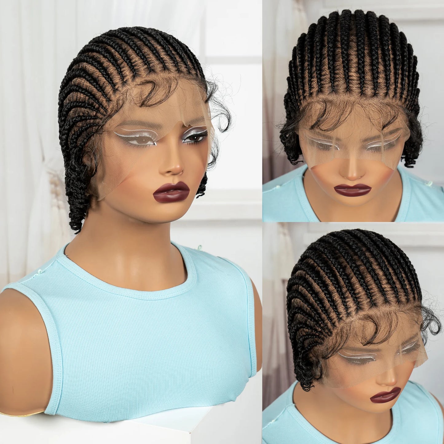 Perruques courtes tressées au carré, perruque synthétique en dentelle complète tressée avec cheveux de bébé, perruques tressées faites à la main sans nœuds pour femmes noires