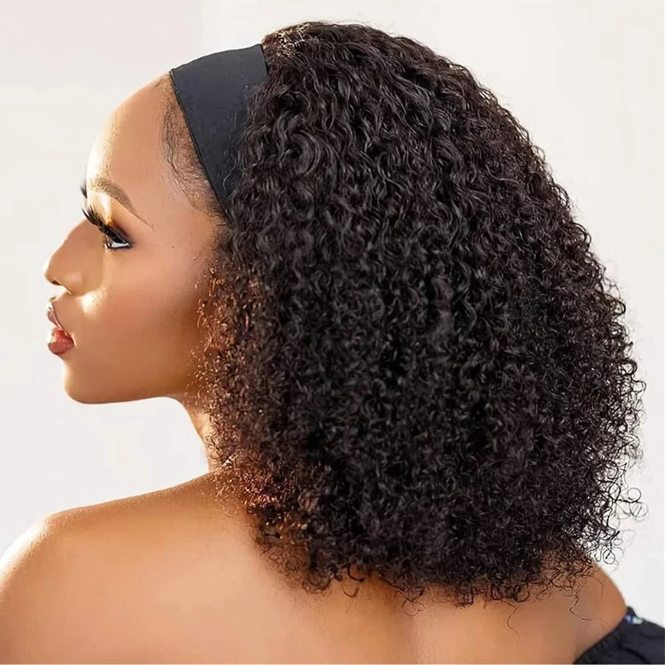 Perruque Jerry Curl avec bandeau, cheveux humains courts, perruques sans colle pour femmes noires, perruque bob Remy ondulée, fabriquée à la machine