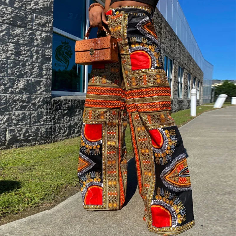 Pantalon large style bohème pour femme, taille élastique, imprimé Dashiki, style africain, décontracté, long, collection printemps-automne