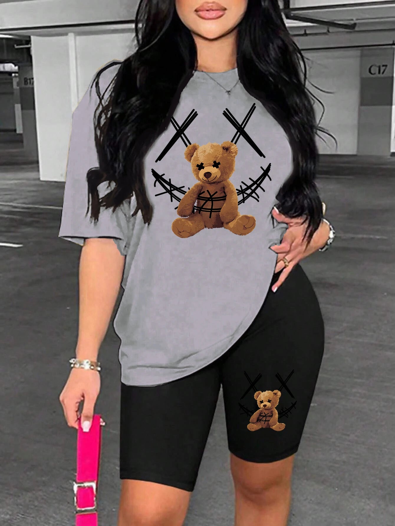 Smiling Face Plush Bear Pattern Print Womens Short Sleeved Shorts Set Soft Trendy Two Piece Set Basics Versatile Shorts Sets