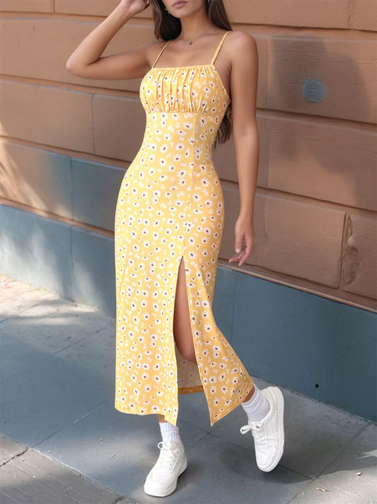Robe mi-longue à imprimé floral pour femme, sans manches, fendue, moulante, style vintage français, idéale pour la plage, un rendez-vous, une soirée ou une fête au bureau