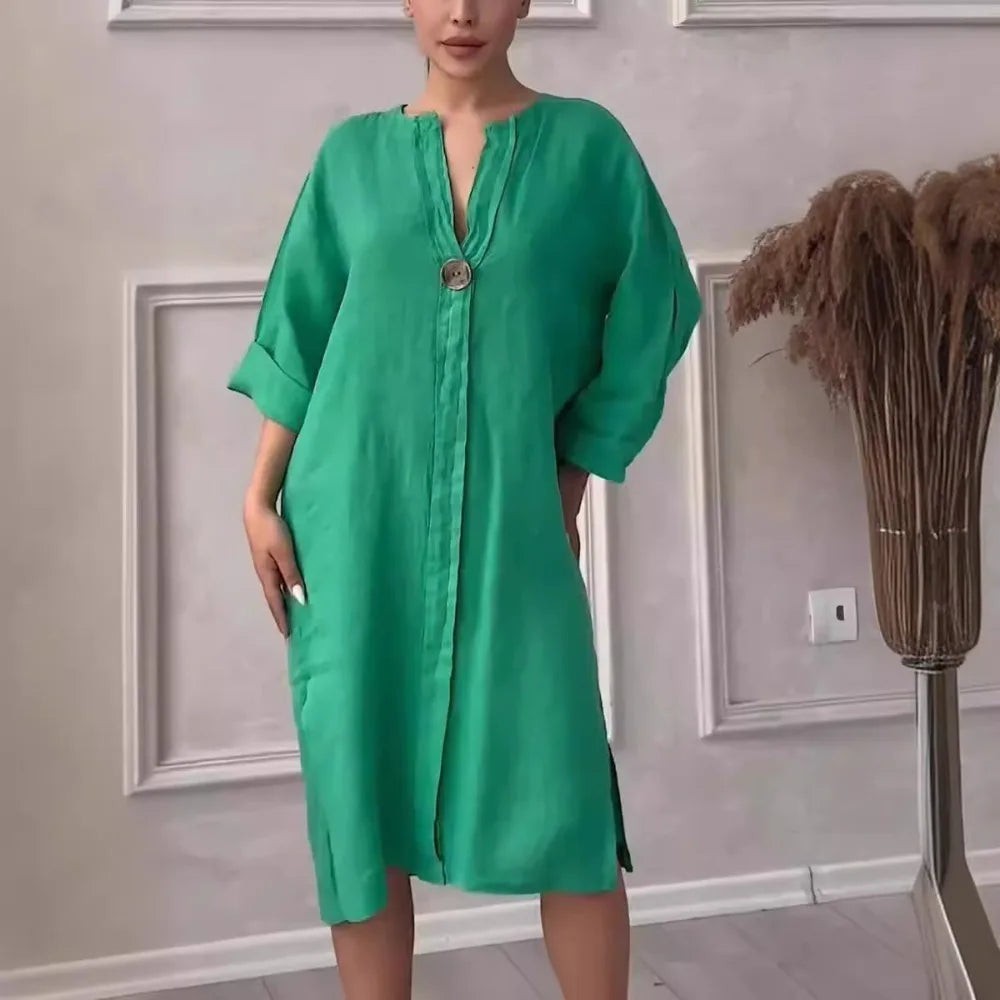 Robe longue décontractée à col rond et boutons en coton et lin pour femme, couleur unie