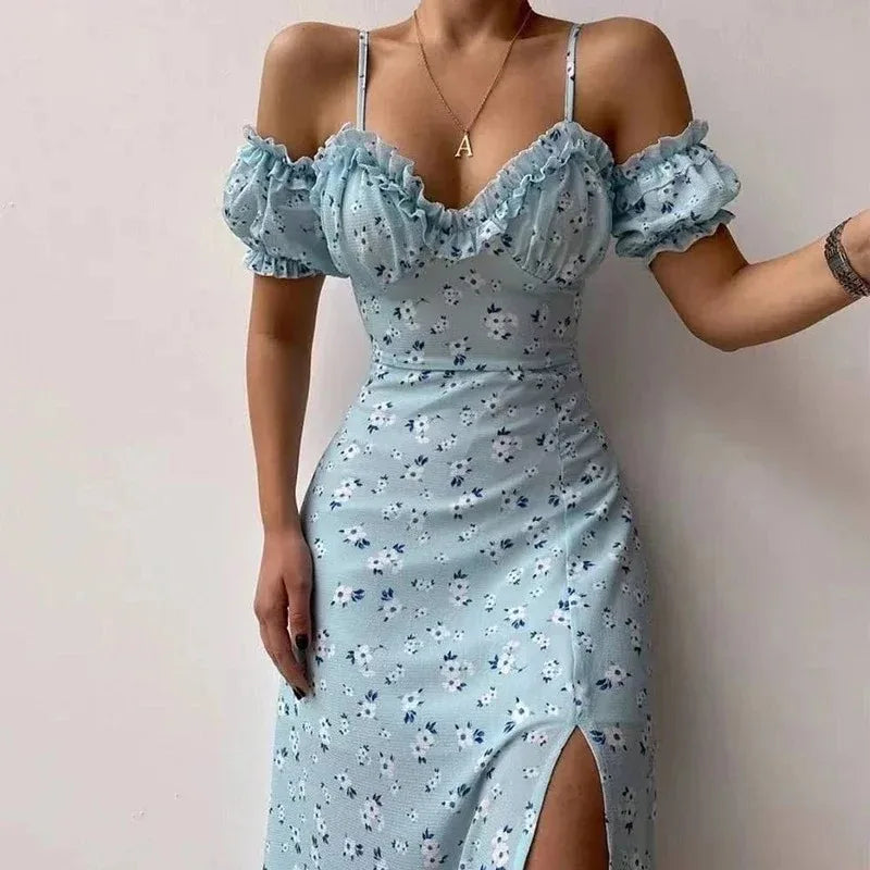 Ruffle Floral Party Sexy Dress Women Summer Elegant Sling Off Shoulder Dresses Female V Neck  Slim Maxi Printed Dress Robe 21764